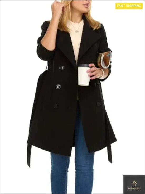 Double-Breasted Trench Coat Classic Elegant Faux Wool Winter Coat Fitted - Picture 3 of 7